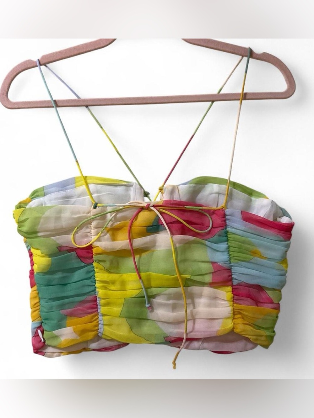 Zara Multicolor Ruched Chiffon Tie-Front Cami — Pink, Yellow, Green, Blue - Picture 2 of 3